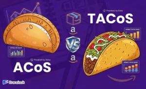 A professional Amazon advertising guide from Brandock titled "ACoS vs TACoS," featuring data charts, Amazon logos, and visual metaphors for spend and total sales.