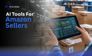 A professional dashboard illustration representing advanced AI Tools for Amazon Sellers, demonstrating the data-driven insights available through Brandock’s service suite.