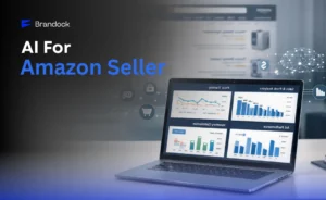 A professional digital banner for Brandock titled "AI for Amazon Seller" featuring a laptop with four analytical charts and a digital brain icon representing artificial intelligence.
