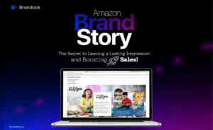 A professional digital banner for Brandock titled "Amazon Brand Story," featuring a high-resolution laptop mockup showcasing interactive brand content and storytelling.