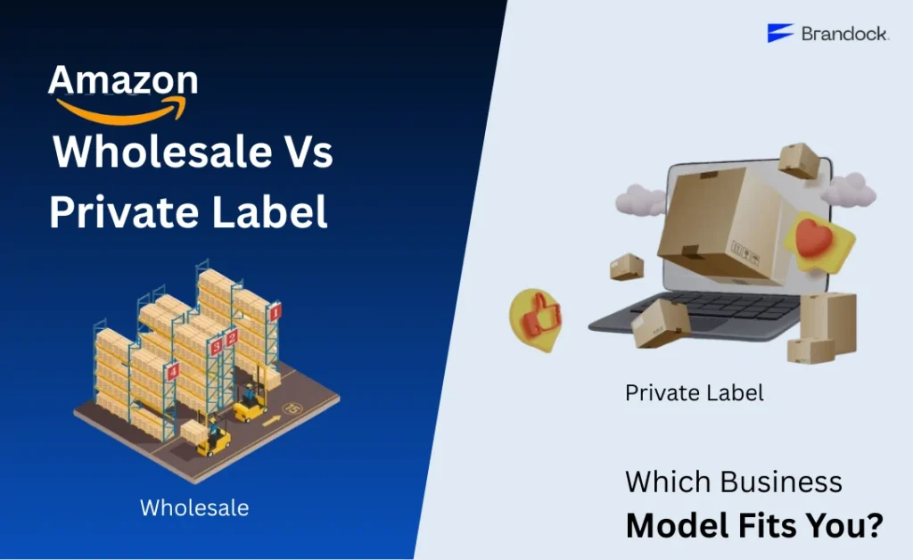 Amazon FBA Private Label vs Wholesale comparison graphic showing warehouse wholesale model versus private label eCommerce setup, helping sellers choose the right Amazon business model, by Brandock.