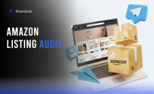 An illustration depicting an Amazon Listing Audit in progress, showing a laptop screen with data charts, symbolizing the expert optimization services of Brandock.