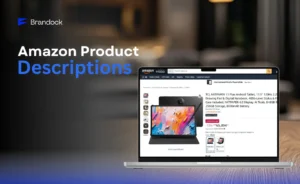 Brandock's Amazon Product Description service showcase featuring a laptop with an e-commerce interface.
