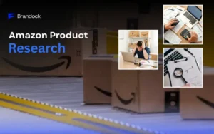 A professional banner for Brandock titled "Amazon Product Research" showing a stressed seller finding solutions through data analysis, financial planning, and product sourcing.