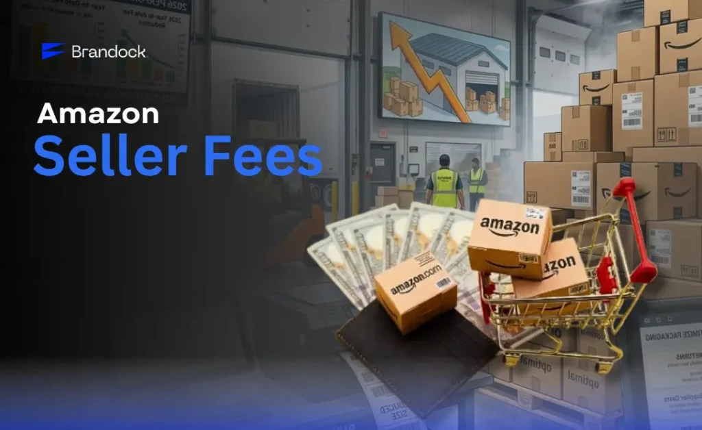 A promotional business graphic analyzing Amazon Seller Fees by Brandock. The left side displays the bold headline text in white and blue typography beneath the blue Brandock corporate logo, set against a darkened warehouse background. In the center foreground, a black leather wallet holds fanned-out US dollar bills topped with a miniature Amazon cardboard box, positioned next to a small golden shopping cart carrying another Amazon package. The right side features a busy logistics environment with a tall stack of Amazon shipping boxes, warehouse workers in safety vests near an active loading dock, and a wall-mounted screen showing a rising golden arrow chart.
