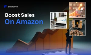 Boost sales on Amazon – a marketing visual featuring rising growth charts, Amazon product sales analytics, order fulfillment boxes, and eCommerce performance insights, showcasing strategies to boost sales on Amazon powered by Brandock.