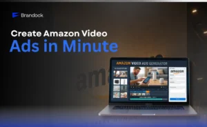 A laptop showcasing an AI generation interface titled Amazon Video Ads Generator, alongside the text Create Amazon Video Ads in Minute by Brandock.