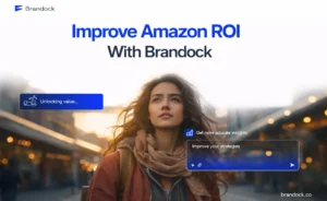 A high-quality brand banner for Brandock titled "Improve Amazon ROI," showcasing a woman with a digital interface designed to improve e-commerce strategies and data accuracy.