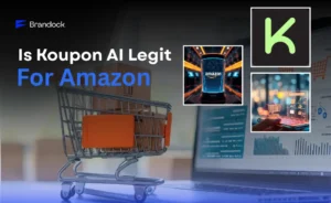 A professional blog banner for Brandock titled "Is Koupon AI Legit for Amazon?" showing a digital dashboard of verified discount codes and product savings.