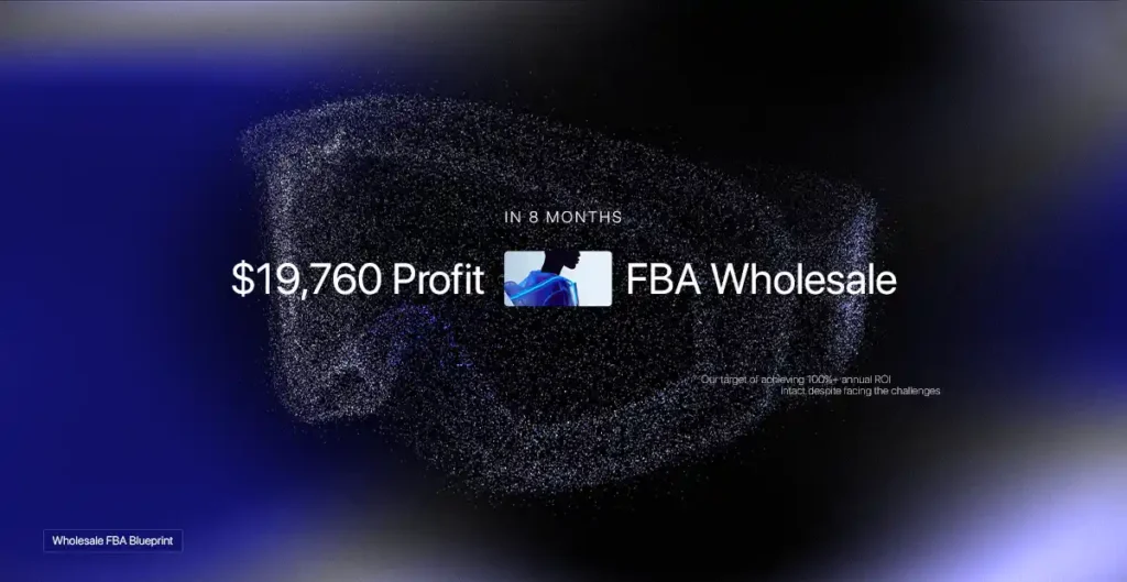 A professional digital graphic by Brandock showing the milestone of $19,760 Profit in 8 Months for an FBA Wholesale business.