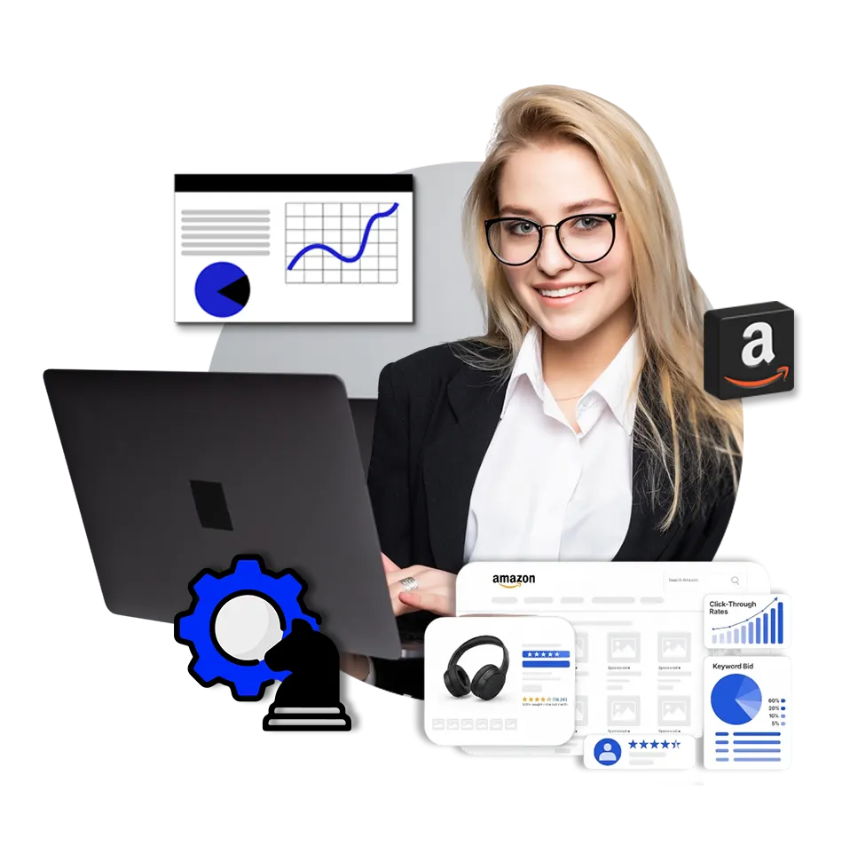 A professional woman in glasses working on a laptop, surrounded by icons for Amazon A+ Content Services, strategy gears, and performance analytics by Brandock.