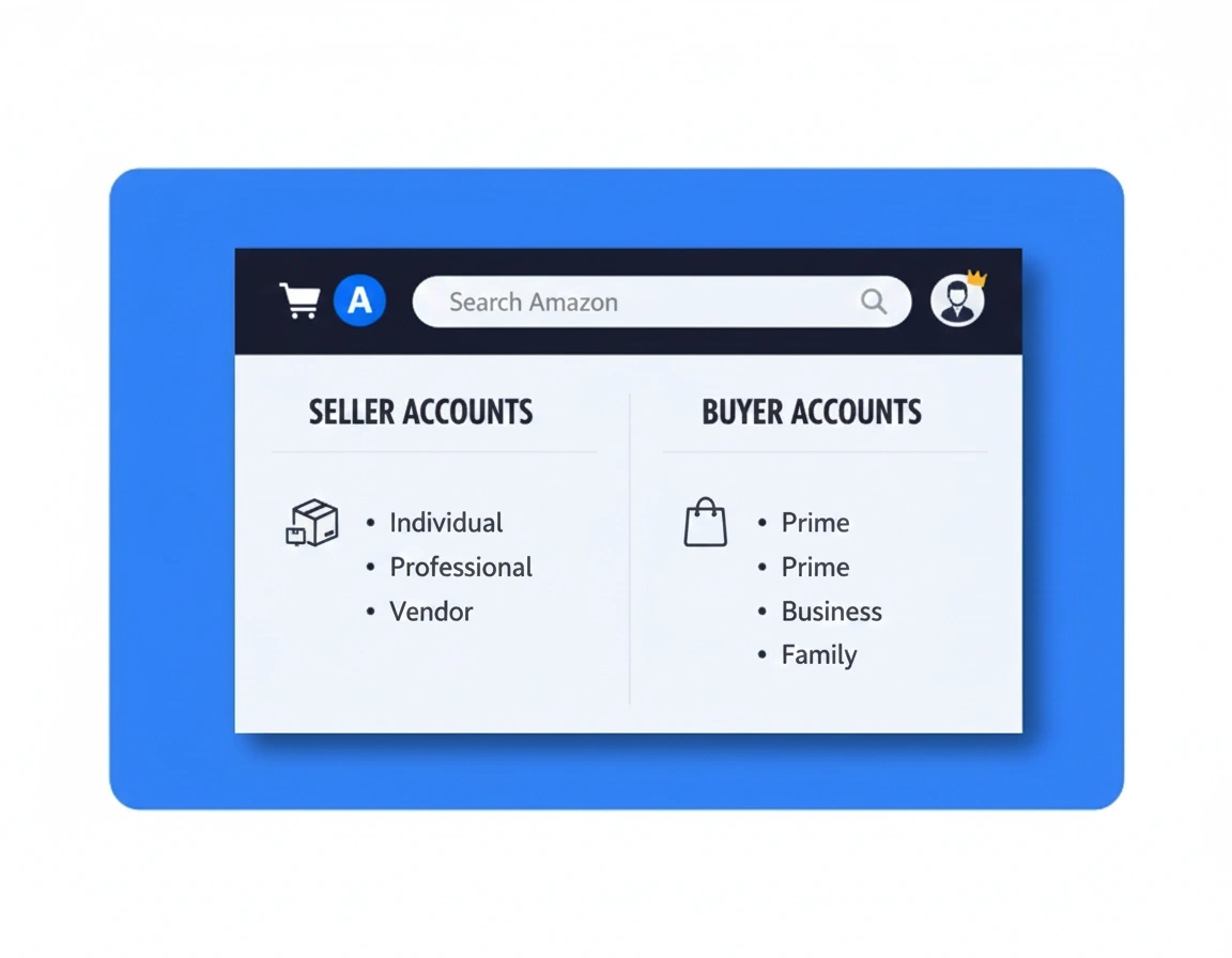 A clean digital interface by Brandock displaying the different Amazon Account Types You Need to Know, including a breakdown of seller and buyer tiers.