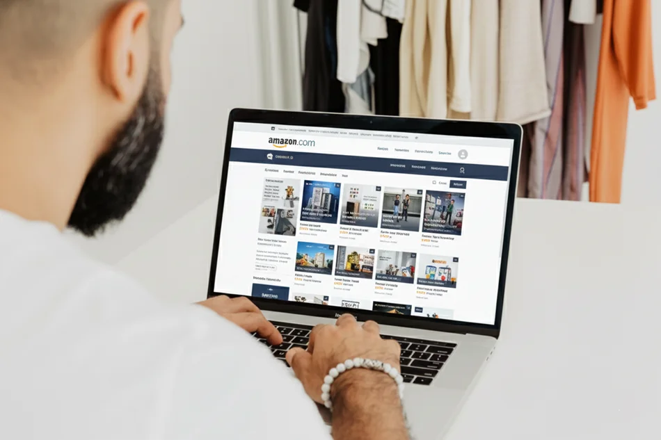 A person viewing the Amazon homepage on a laptop while researching Amazon Business Account Setup (FAQ) with Brandock's expert consultancy.