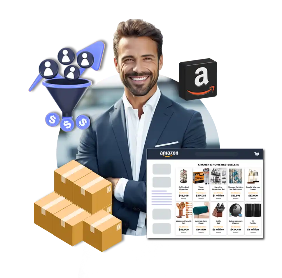 A professional male consultant in a suit surrounded by Amazon icons, shipping boxes, and a sales funnel representing Amazon Product Listing Services by Brandock.