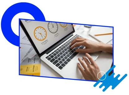 A person typing on a laptop with an on-screen graphic of multiple clocks, illustrating how to Eliminate Hours of Manual Product Research with Brandock.