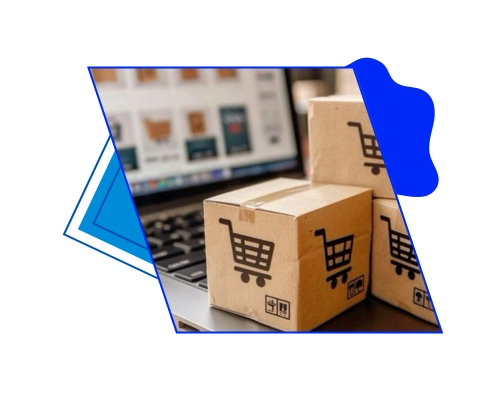 Small cardboard boxes with shopping cart icons stacked on a laptop, illustrating how Brandock is Essential for Amazon, eCommerce & Freelancers.