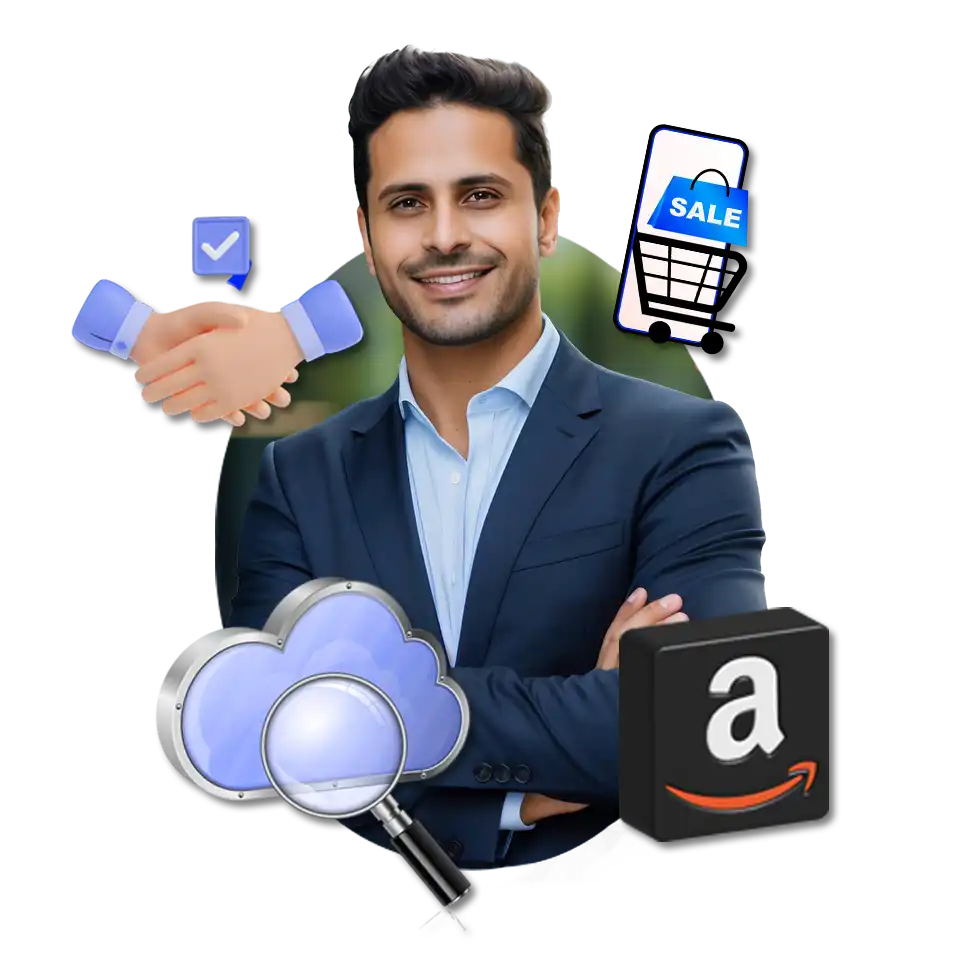 A professional man in a navy suit with crossed arms, surrounded by digital graphics of a magnifying glass on a cloud, an Amazon logo, and a shopping cart to show How Smart Listing Optimization Turns Visibility into Sales by Brandock.