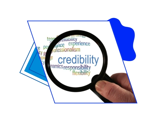A hand holding a magnifying glass over a word cloud focusing on credibility, professionalism, and reliability to illustrate Increased Business Credibility by Brandock.