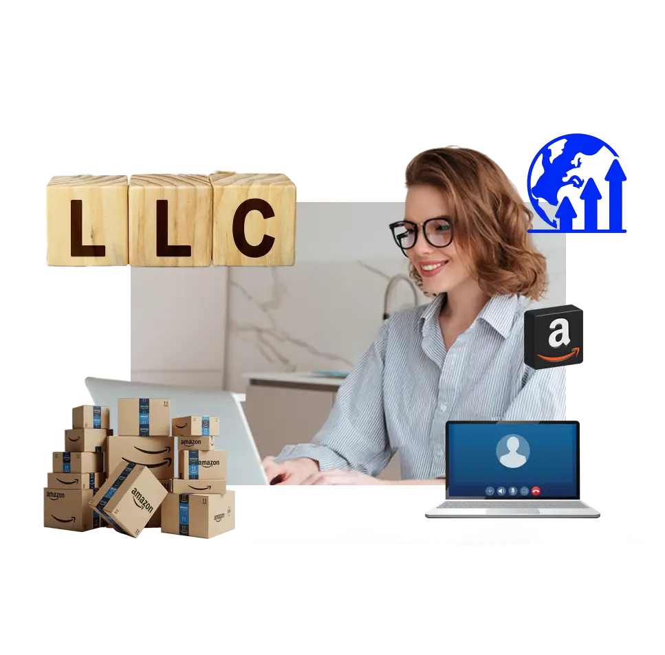 A professional woman at a laptop with wooden LLC blocks and Amazon packages, illustrating Brandock’s comprehensive LLC Formation Services.