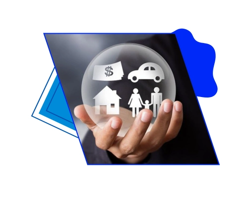 A person's hand holding a protective glass sphere containing icons of a house, car, money, and family, representing Personal Asset Protection by Brandock.