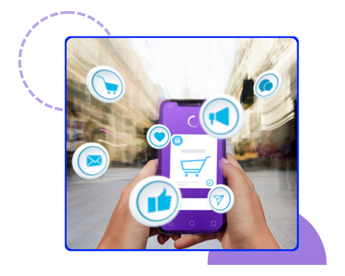 Hands holding a smartphone with floating digital marketing and e-commerce icons, illustrating *Smart Campaign Architecture* — Brankdock