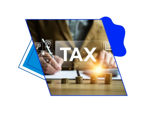 A person calculating finances next to stacks of gold coins with a digital TAX overlay, representing Tax Advantages_ Pass-Through Simplicity by Brandock.