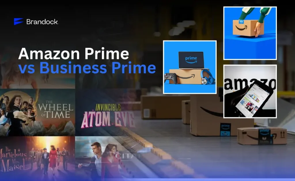 A comprehensive comparison infographic by Brandock titled "Amazon Prime vs Business Prime," showing entertainment posters alongside commercial logistics and delivery boxes.