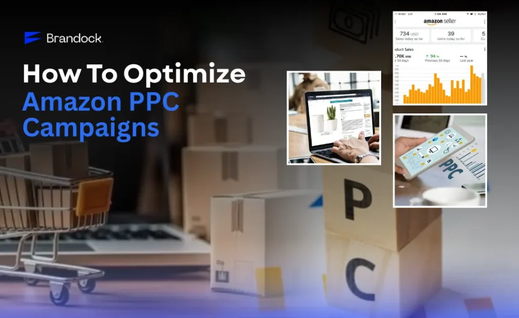 A professional banner for Brandock titled "How to Optimize Amazon PPC Campaigns" featuring high-performance sales metrics, "PPC" blocks, and mobile ad management.