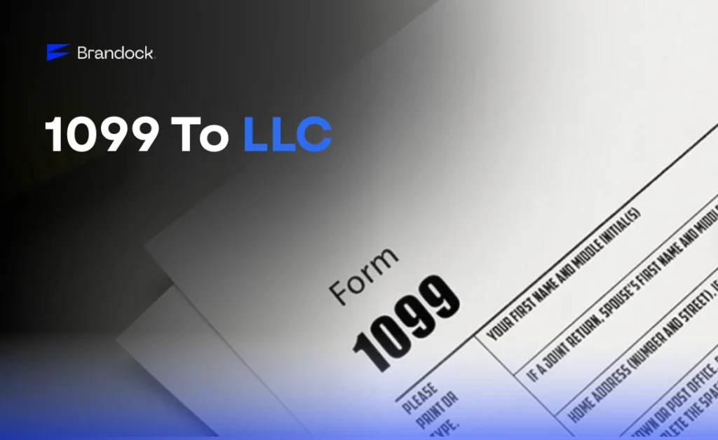Brandock promotional graphic for converting 1099 income to an LLC, featuring a background of official IRS tax forms.