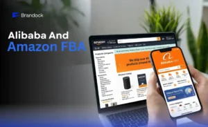 Brandock's promotional graphic for Alibaba sourcing and Amazon FBA fulfillment services, featuring a high-tech warehouse and logistics background.