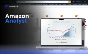 Brandock’s promotional graphic for Amazon Analyst services, showcasing a financial performance dashboard with revenue and net income trends over a blurred Amazon storefront background.