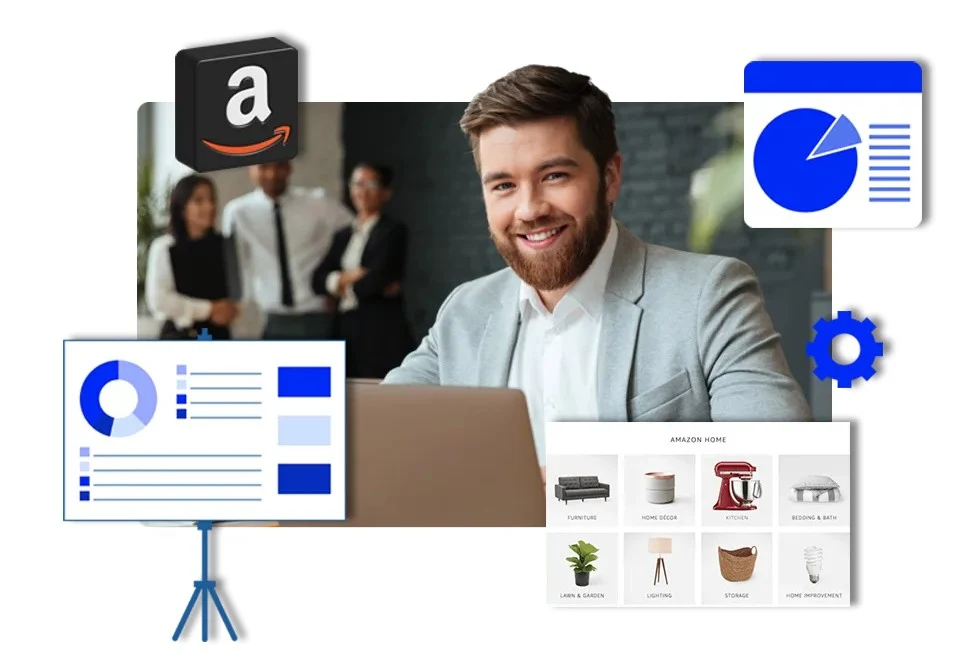 A smiling professional male consultant in a grey blazer working on a laptop, surrounded by Amazon brand icons and growth analytics by Brandock.