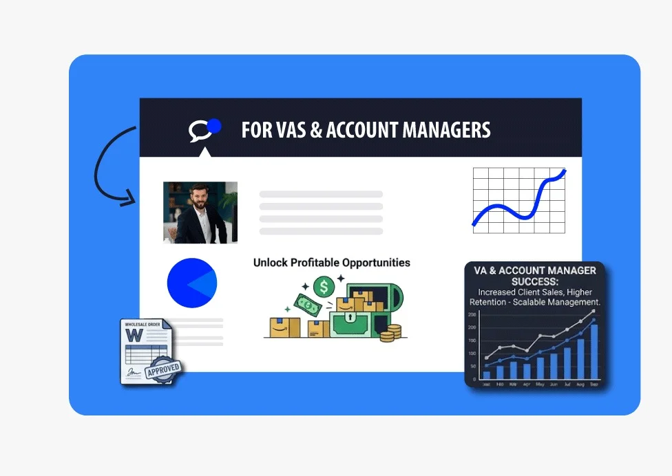 A professional service banner for Brandock titled "For-VAs-&-Account-Managers," featuring a dashboard with success metrics for increased client sales and higher retention.