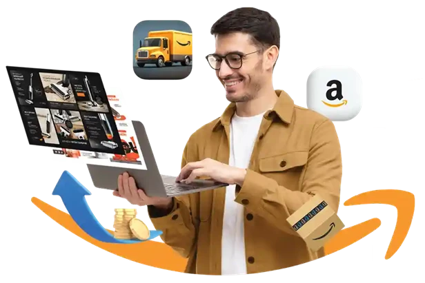 A professional banner for Brandock, a leading Amazon Automation Agency, showing a user managing an Amazon storefront on a laptop with visual elements representing coins, boxes, and delivery trucks.