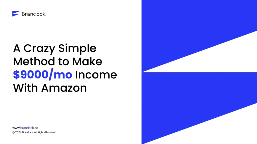 A clean, data-driven marketing graphic for Brandock titled "Amazon Selling Strategy - Case Study," showing a person reviewing analytics on a laptop alongside e-commerce growth icons.