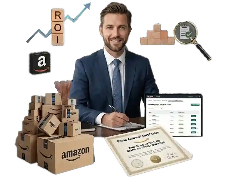 A businessman surrounded by Amazon packaging, an ROI growth chart, and a formal certificate representing Brandock's expert Amazon Wholesale Brand Approval services.