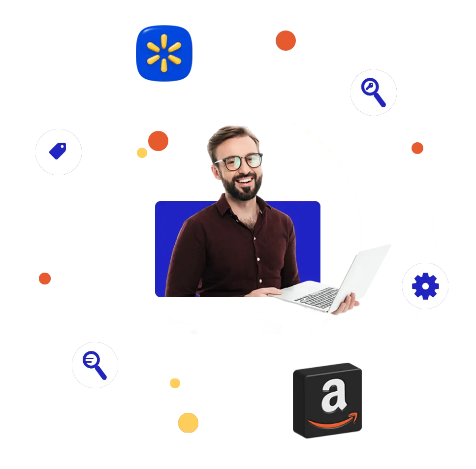 A smiling professional working on a laptop, surrounded by e-commerce icons like Amazon and Walmart, representing the comprehensive support of Brandock to help you Get Approved With Your First Brand — The Right Way.