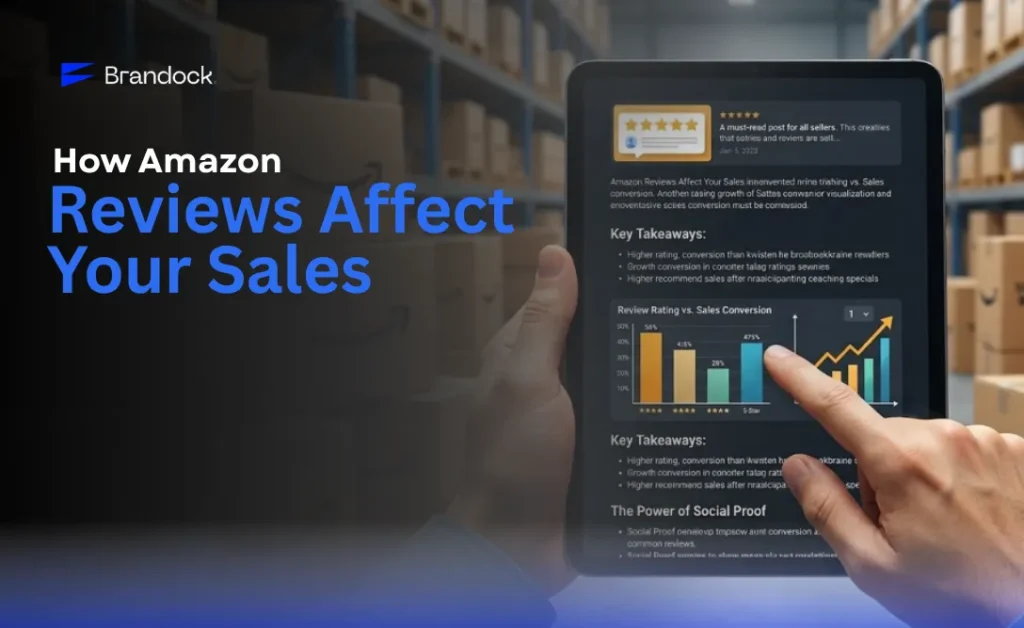 A marketing banner graphic detailing How Amazon Reviews Affect Your Sales by Brandock. The left side of the image features the bold title headline in white and blue typography beneath the blue Brandock logo, set against a background of stacked cardboard boxes on warehouse inventory shelves. On the right, a person holds a digital tablet, pointing a finger at a dark-mode screen interface displaying data analytics. The tablet screen details an analysis of customer feedback, including a 5-star rating icon, listed "Key Takeaways," a "Review Rating vs. Sales Conversion" bar chart comparing conversion percentages, and a rising line graph illustrating sales performance growth driven by social proof.