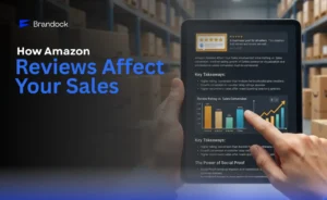 A marketing banner graphic detailing How Amazon Reviews Affect Your Sales by Brandock. The left side of the image features the bold title headline in white and blue typography beneath the blue Brandock logo, set against a background of stacked cardboard boxes on warehouse inventory shelves. On the right, a person holds a digital tablet, pointing a finger at a dark-mode screen interface displaying data analytics. The tablet screen details an analysis of customer feedback, including a 5-star rating icon, listed "Key Takeaways," a "Review Rating vs. Sales Conversion" bar chart comparing conversion percentages, and a rising line graph illustrating sales performance growth driven by social proof.