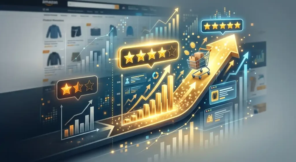 A high-tech digital marketing infographic illustrating How Do Star Ratings Change the Sales Impact by Brandock. The graphic displays a glowing progression of customer feedback metrics laid over a blurred e-commerce store background. On the left, a low 2-star rating badge sits above a short, muted grey bar chart showing minimal growth. Moving right, the chart transitions into rising golden bars beneath a 4-star badge, leading to a large, upward-trending golden arrow carrying a retail shopping cart filled with packages. At the peak of the growth curve, a brilliant 5-star rating badge glows alongside floating digital dashboard elements, line graphs, and golden currency symbols to represent maximized sales revenue.