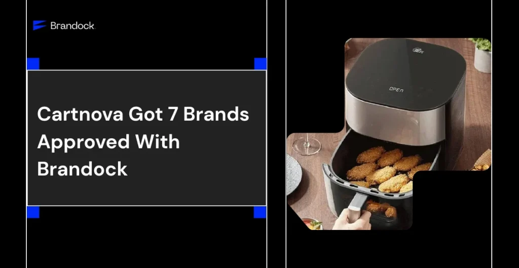 Brandock success story for Amazon brand ungating, showing that Cartnova got 7 brands approved alongside an image of a modern kitchen air fryer.