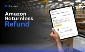 A professional guide to the Amazon Returnless Refund policy by Brandock, featuring a tablet displaying an official refund confirmation email over a warehouse background.