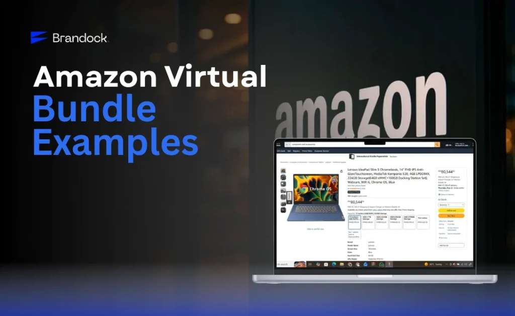 Brandock provides Amazon Virtual Bundle Examples, featuring a laptop displaying a Lenovo Chromebook product listing on the Amazon marketplace with a large "Amazon" logo in the background.