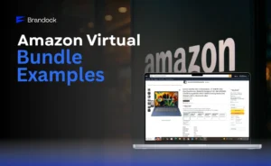 Brandock provides Amazon Virtual Bundle Examples, featuring a laptop displaying a Lenovo Chromebook product listing on the Amazon marketplace with a large "Amazon" logo in the background.
