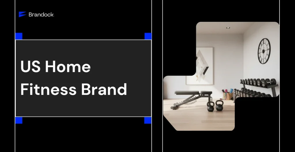 A Brandock case study banner highlighting how a Fitness Brand Boosted Its Conversion Rate, showing a premium home gym setup with a weight bench, kettlebells, and a dumbbell rack alongside the case study title.