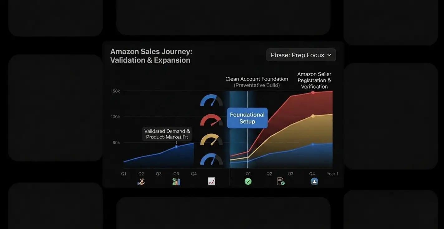 Brandock strategic roadmap infographic detailing a case study for The Client A Health and Personal Care Brand Ready to Sell, showcasing an Amazon sales journey chart tracking growth from validation to expansion.