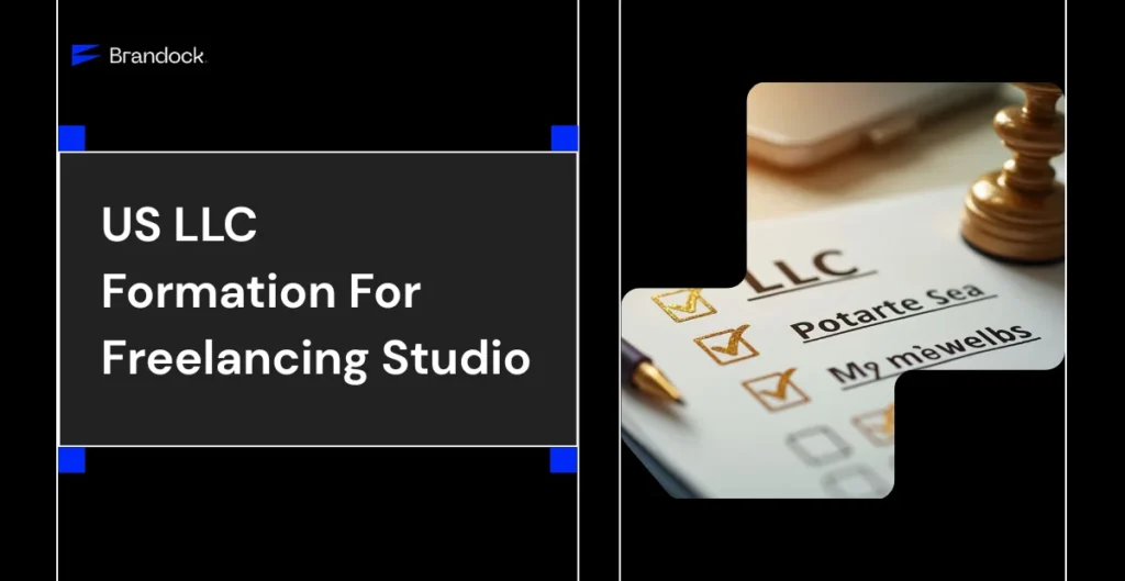 Brandock case study presentation on US LLC Formation for Freelancing Studio - Brandock, featuring a corporate checklist with gold checkmarks and a chess piece.