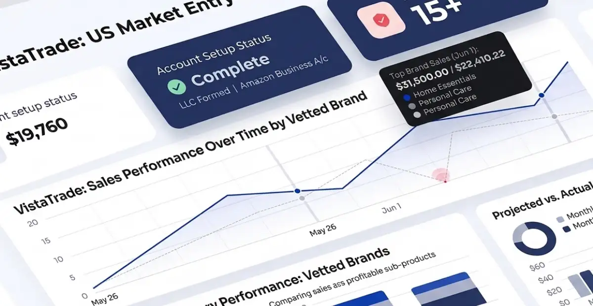 Brandock analytics dashboard tracking VistaTrade An Ambitious Wholesale Seller Entering the US Market, showing a rising sales performance line graph and completed account setup status.