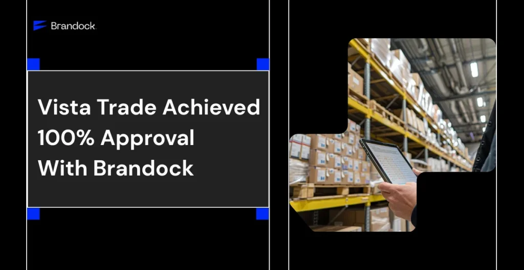 Brandock case study highlighting VistaTrade's Amazon Wholesale Brand Approval, featuring a warehouse professional managing inventory with a digital tablet.