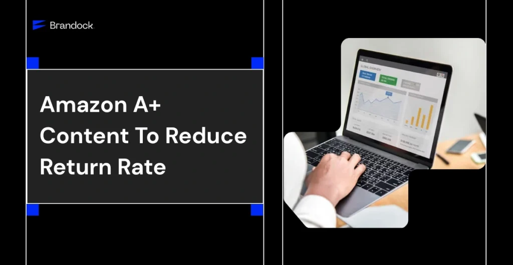A Brandock e-commerce service banner focusing on Amazon A+ Content Reduced Return Rate optimization, featuring the service title on a dark left panel and an overlay of a professional analyzing data metrics on a laptop screen on the right.